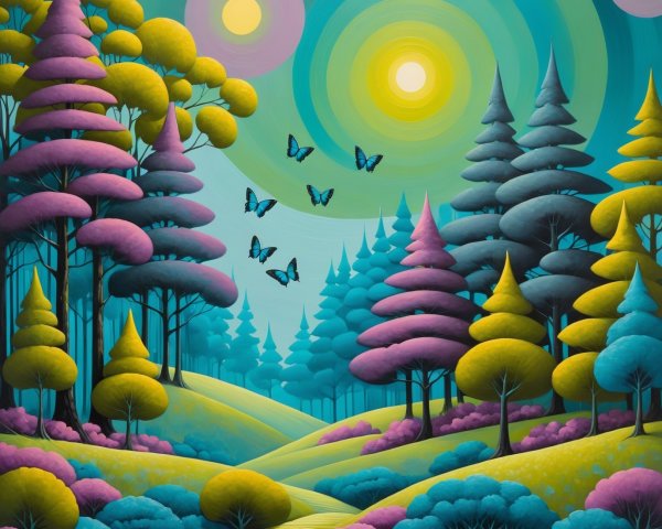 Vibrant Surreal Landscape with Colorful Trees and Hills