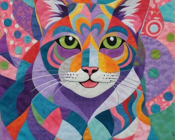Colorful Cat Face Quilt Design with Patterns and Shapes