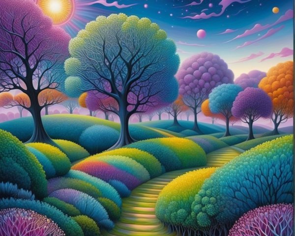 Vibrant Landscape with Colorful Fantastical Trees