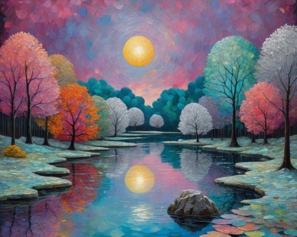 Tranquil Pond in Vibrant Autumn and Winter Landscape