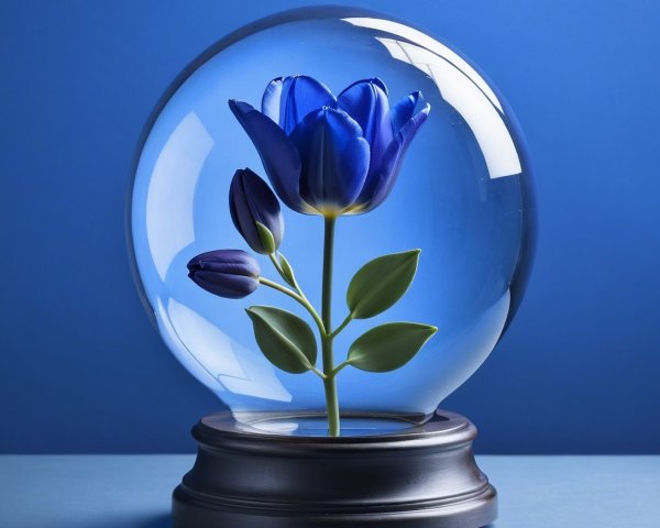 Glass Snow Globe with Blue Flower and Wood Base
