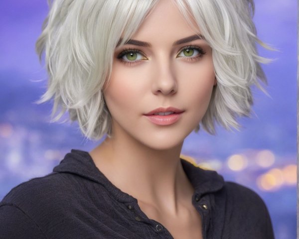 Young woman with silver bob in twilight cityscape