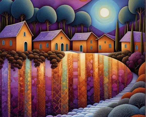 Colorful Nighttime Landscape with Two Moons and Houses