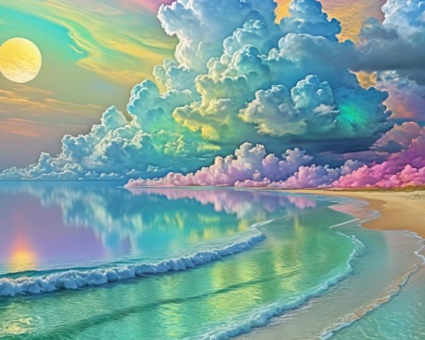 Vibrant Beach Scene with Colorful Sunset and Shoreline