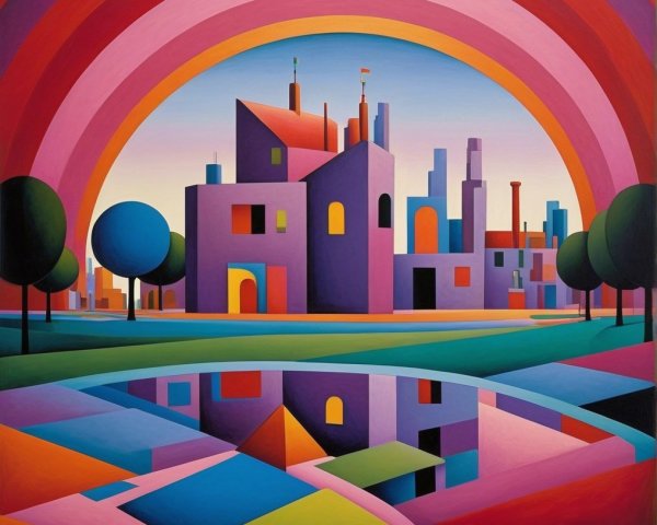 Abstract Landscape with Colorful Arch and Reflections