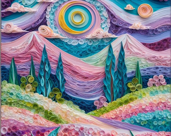 Vibrant Quilled Paper Landscape with Colorful Elements