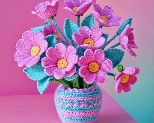 Knitted Flowers in Striped Pot with Colorful Background