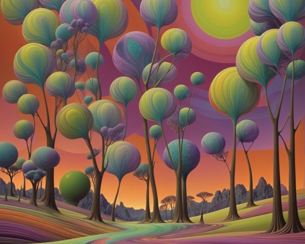 Surreal Landscape with Oversized Trees and Colorful Sky