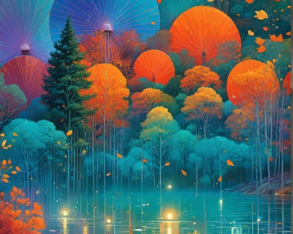 Vibrant Autumn Landscape with Colorful Parasols