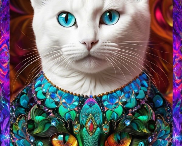 Fantasy Portrait of a White Cat with Turquoise Eyes
