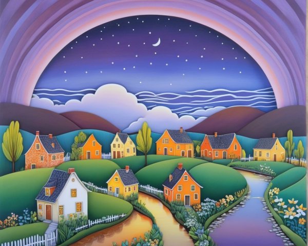 Vibrant Landscape with Cozy Houses and Rainbow Sky