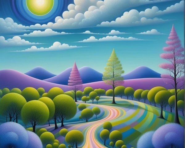 Surreal Landscape with Colorful Trees and Mountains