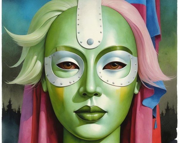 Portrait of a character with green skin and silver mask