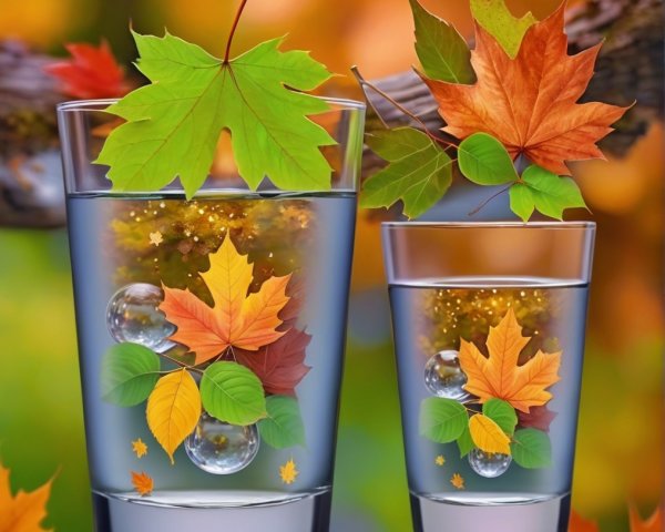 Autumn Leaves in Glasses with Water and Bubbles