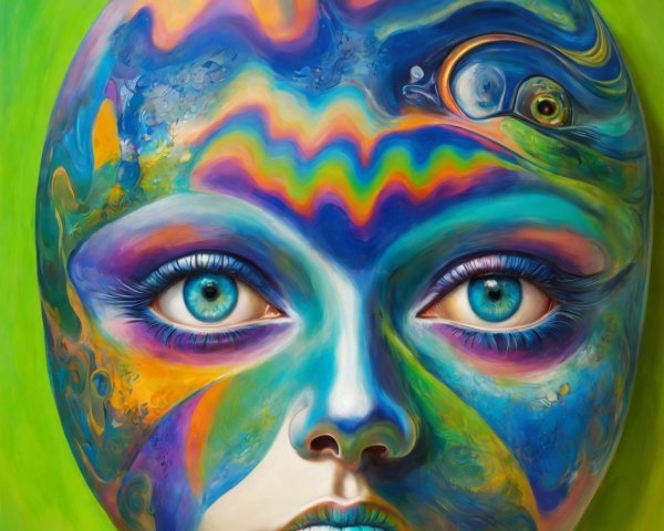 Surreal Portrait with Colorful Patterns and Celestial Element