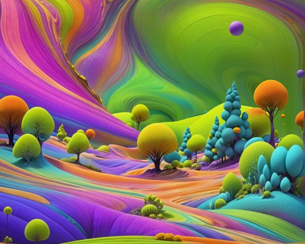 Surreal Landscape with Vibrant Colors and Playful Trees