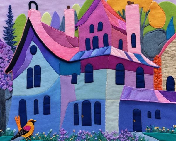 Vibrant textile artwork of whimsical houses and nature