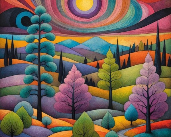 Surreal Sunset Landscape with Vibrant Colors and Trees