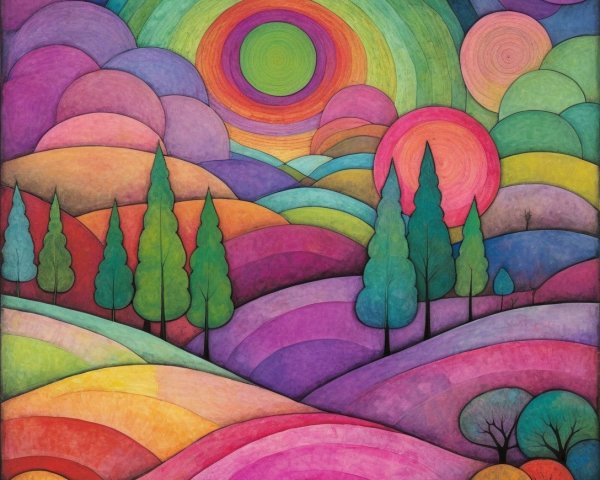 Vibrant Landscape with Colorful Hills and Trees