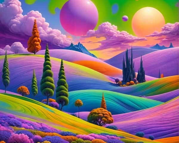 Surreal Landscape with Colorful Hills and Celestial Bodies