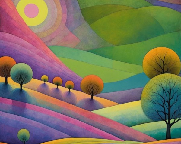 Vibrant Landscape Painting of Rolling Hills and Sun