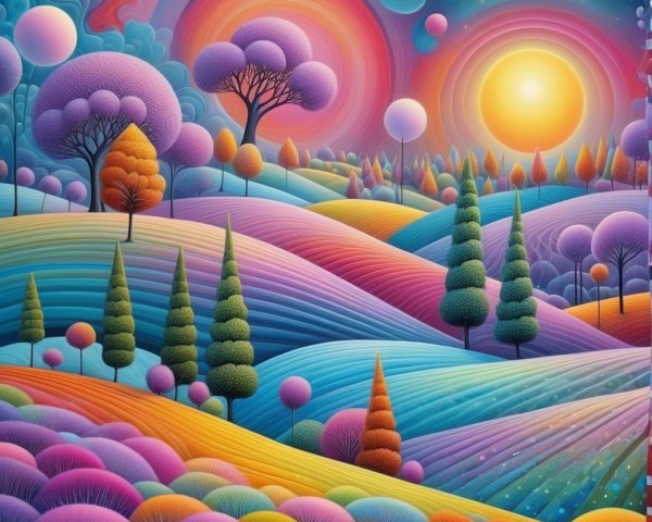 Surreal Landscape with Colorful Hills and Celestial Bodies