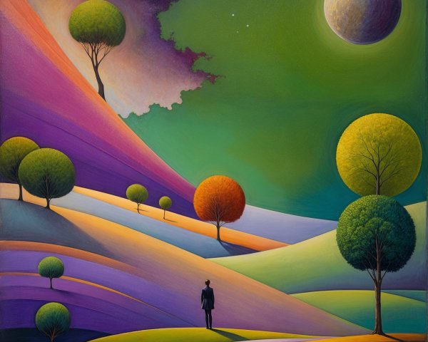 Surreal Landscape with Colorful Hills and Starry Sky