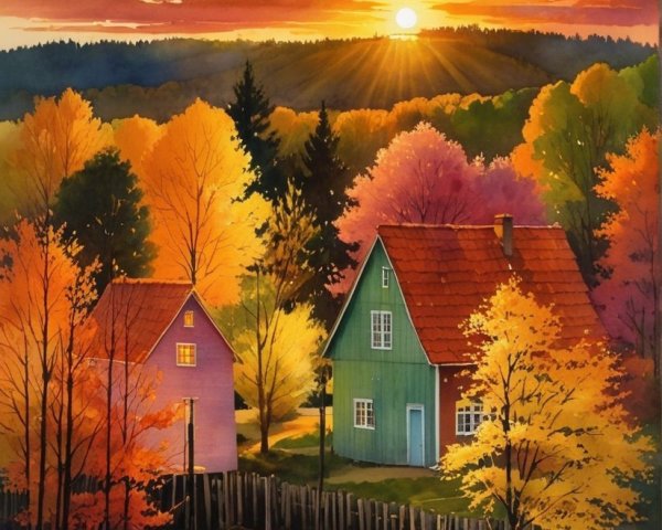 Serene Autumn Landscape with Charming Houses and River