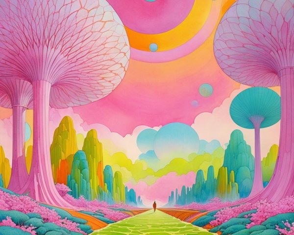 Surreal Landscape with Pastel Mushroom Trees and Path