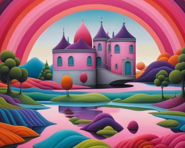 Vibrant Landscape with Whimsical Castle and Rainbow