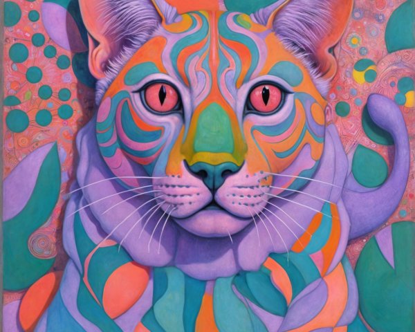 Stylized Cat Artwork with Vibrant Patterns and Colors