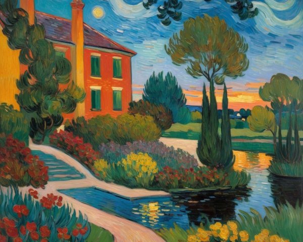 Post-Impressionist Landscape with Red House and Pond