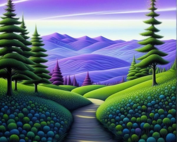 Vibrant Landscape with Rolling Hills and Colorful Shrubs