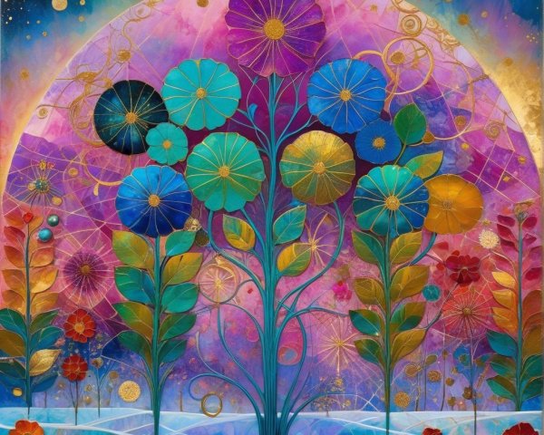 Vibrant Landscape with Stylized Flowers and Water Surface