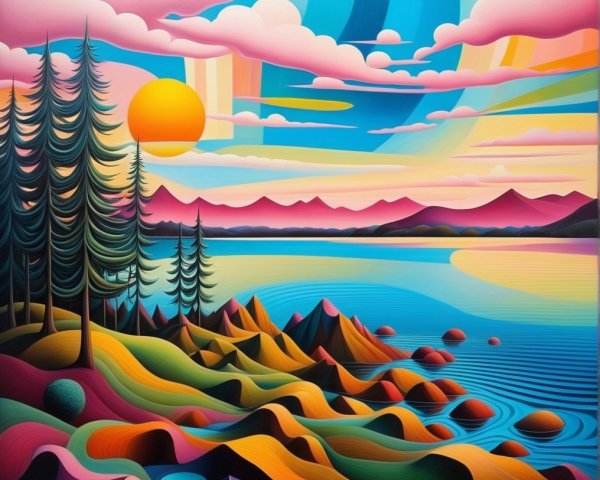 Vibrant Landscape with Surreal Lake and Mountains
