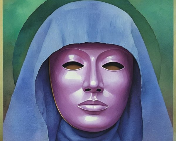 Stylized Humanoid Figure with Purple Face and Blue Hood