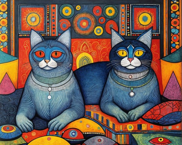 Stylized Cats with Expressive Eyes in Vibrant Art