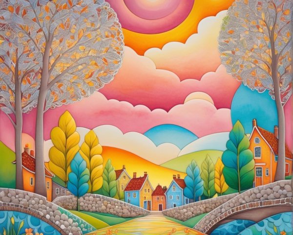 Vibrant landscape with a winding river and colorful sky