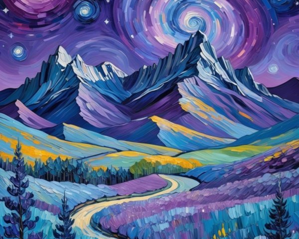 Impressionistic Landscape with Mountains and Night Sky