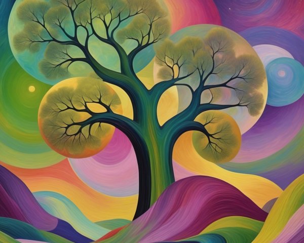 Whimsical Landscape with Colorful Tree and Patterns
