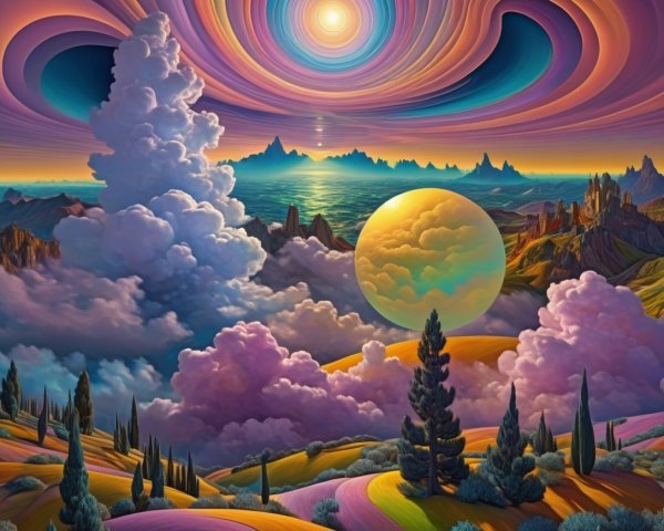 Surreal Landscape with Vibrant Colors and Mystical Elements