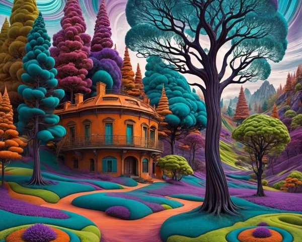 Surreal Landscape with Colorful Home and Trees