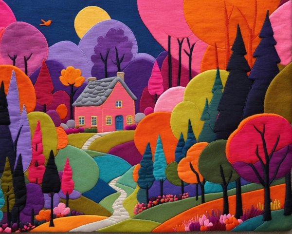 Embroidered landscape with a pink house and trees