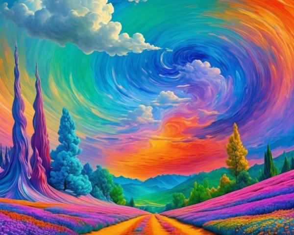 Vibrant Landscape with Colorful Lavender Fields and Mountains