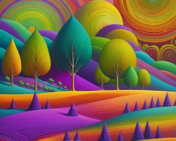 Vibrant Abstract Landscape with Colorful Trees and Sky