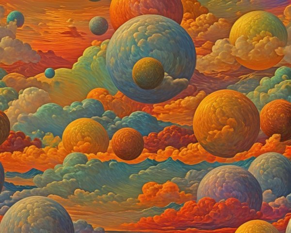 Surreal Landscape with Colorful Floating Planets