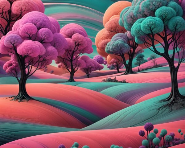 Surreal Landscape with Colorful Trees and Hills