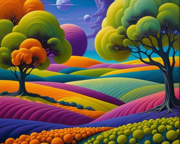 Surreal Landscape with Colorful Hills and Planets