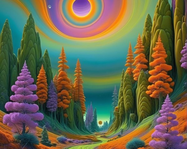 Surreal Landscape with Colorful Trees and Sky