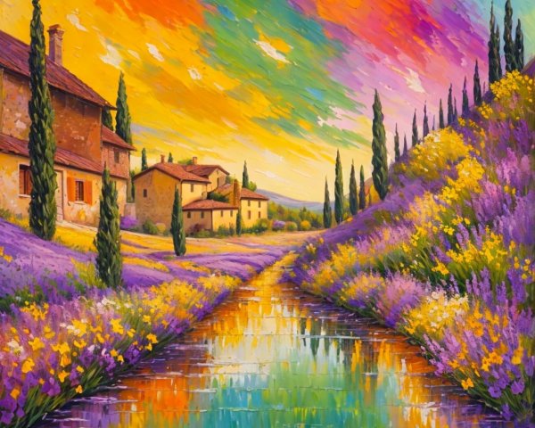 Vibrant Landscape with River and Sunset Colors